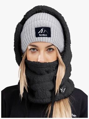 Black Fleece Hooded Neck Gaiter with Gray Beanie. A4